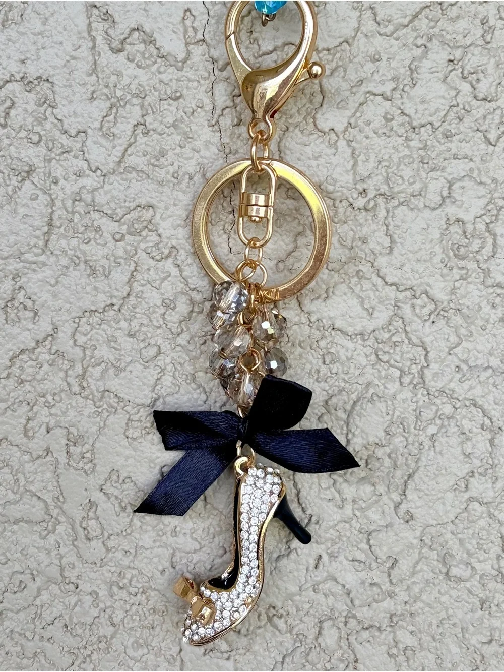 Gold Rhinestone High Heel Keychain with Black Bow & Faceted Crystals